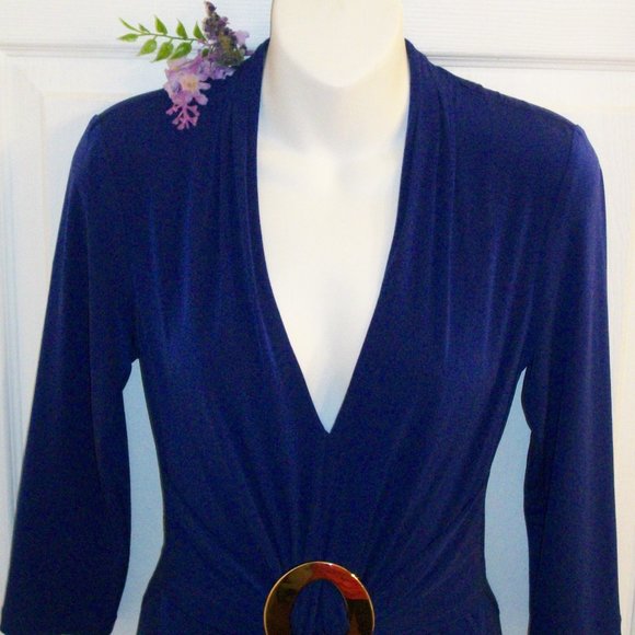 BOSTON PROPER Sz 8 Purple Stretch Dress w/ Gold Buckle Below Knee Length - Picture 5 of 9